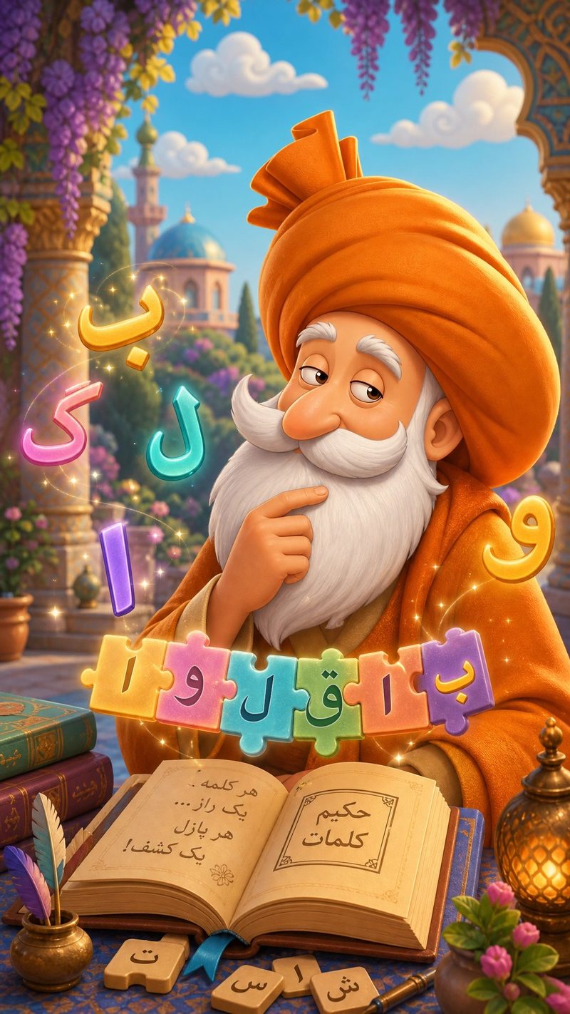 حکیم کلمات، شخصیت باقلوا، با قطعات پازل حروف
